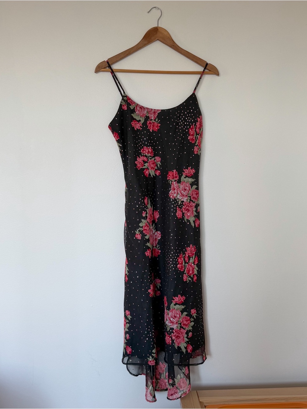 Floral Slip Maxi Dress - Black with Pink Rose Print